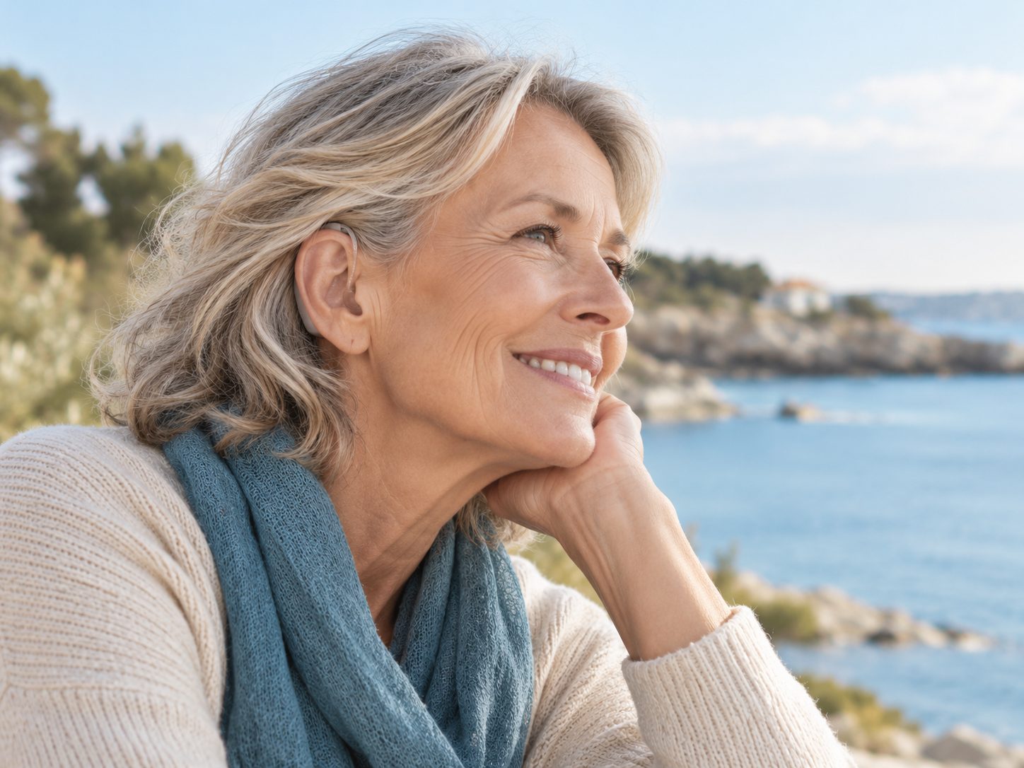 Une femme portant une aide auditive, au bord de la mer