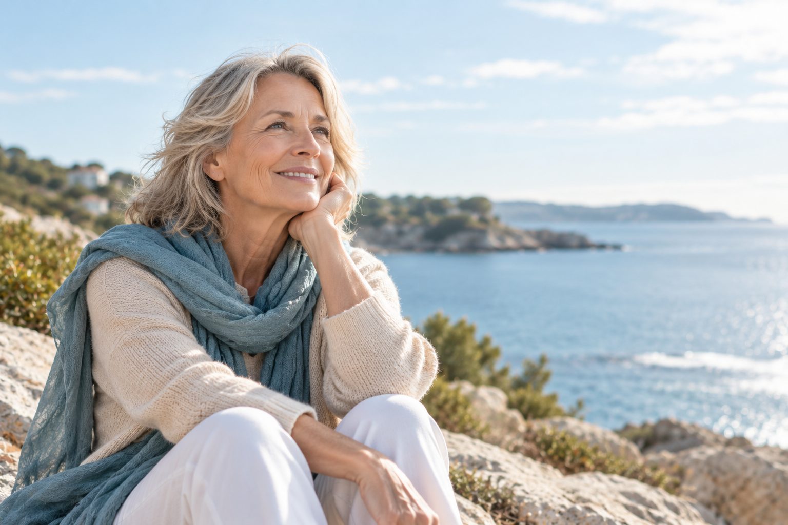 Une femme assise face à la mer