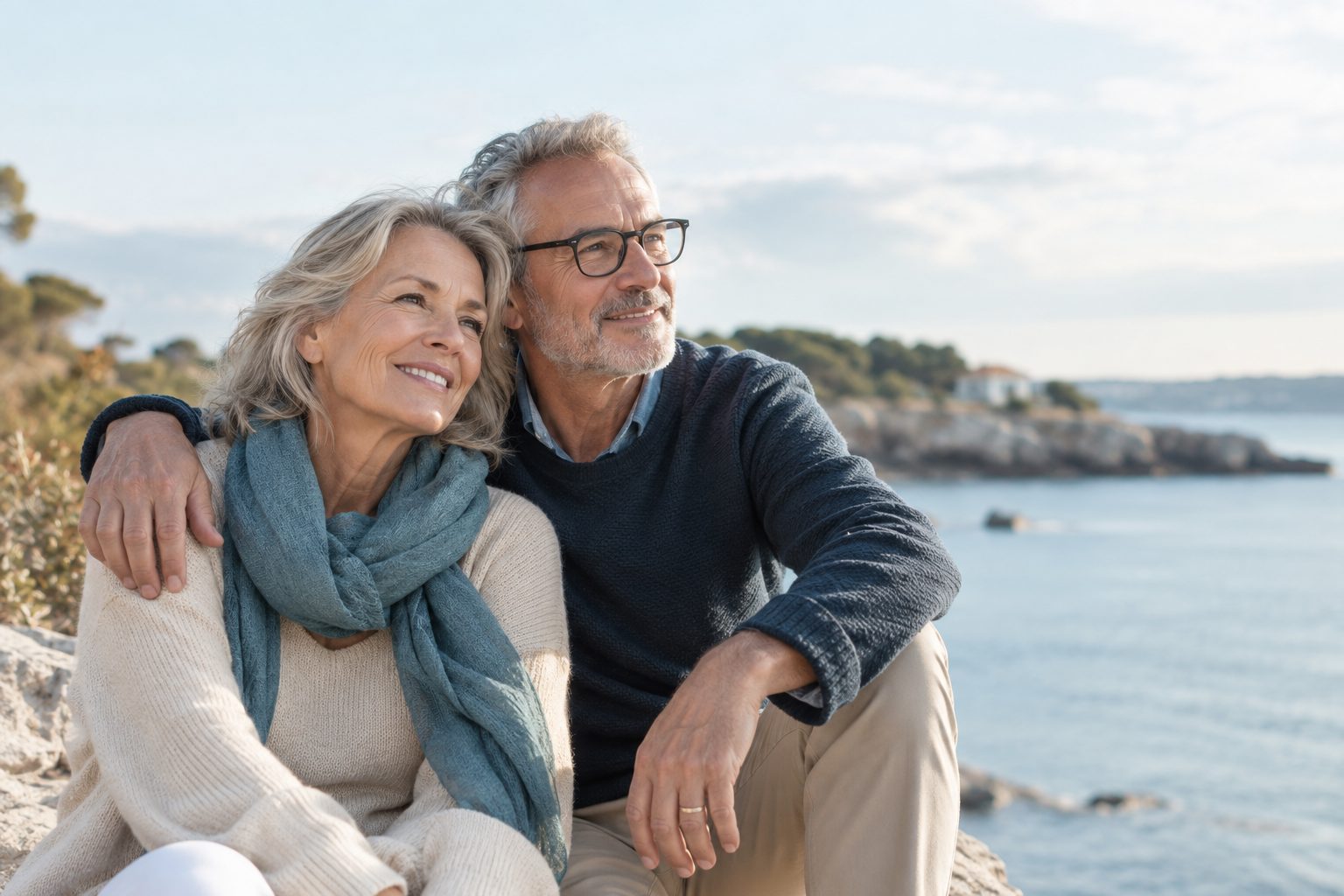 Un couple de seniors souriants, en extérieur